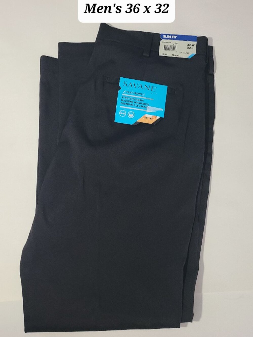 Savane Black Slim Fit Tapered Stretch Men's Pants Size 36 x 32 NWT($80 Msrp)